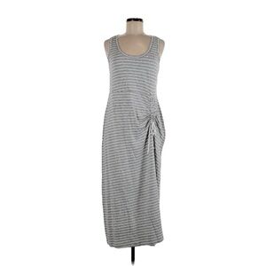 CABI Sleeveless, Gray & White Striped Gathered Midi-Length Dress - M